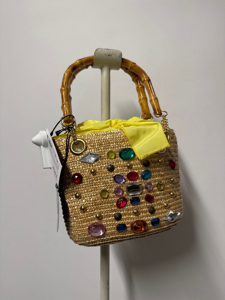 Pinko Pinko - Borsa con manici bambù e pietruzze colorate