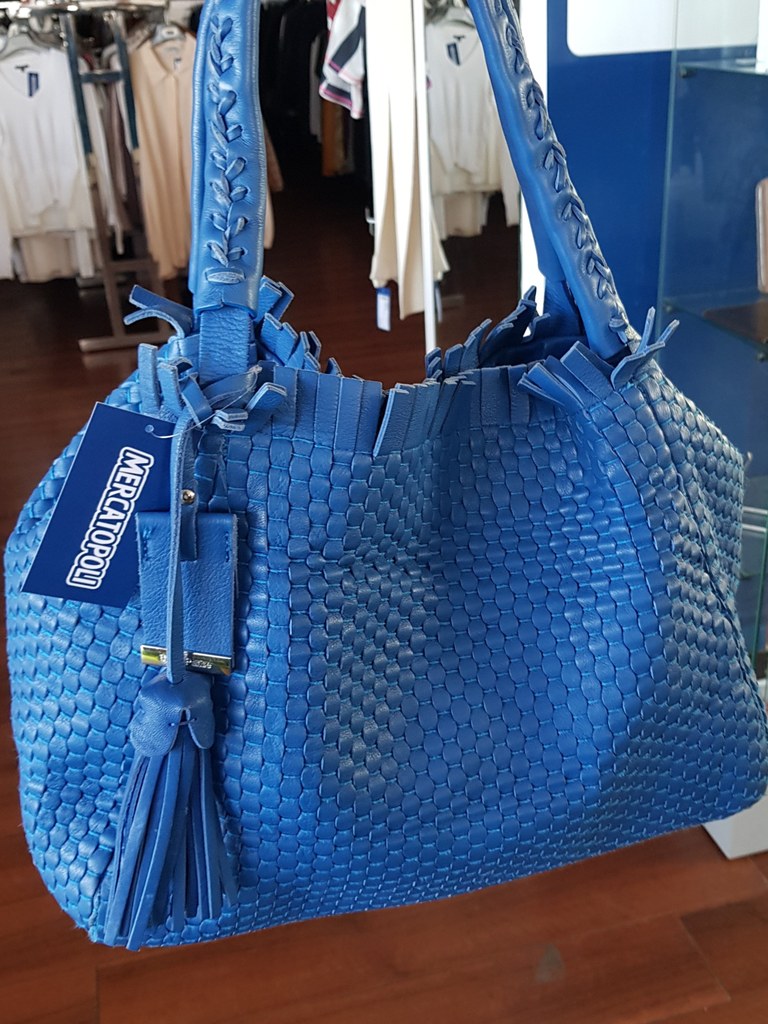 Vintage Artigianale Borsa Pelle Bruno Parise Blu Intreccio