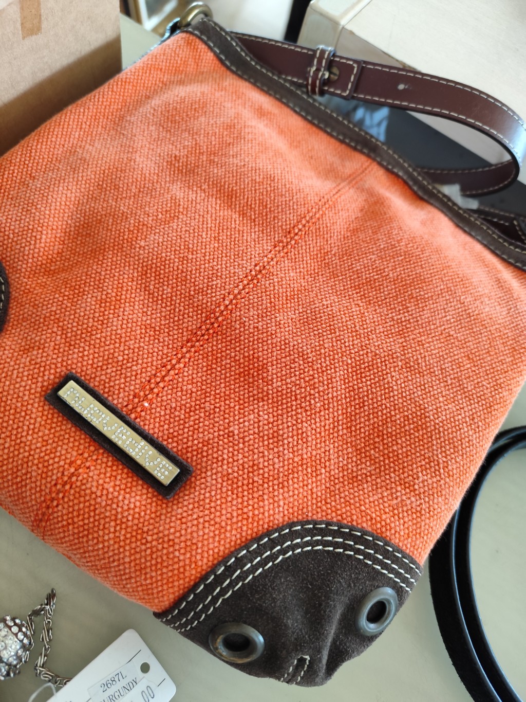 Vintage Artigianale Borsa In Tela Arancio E Marrone