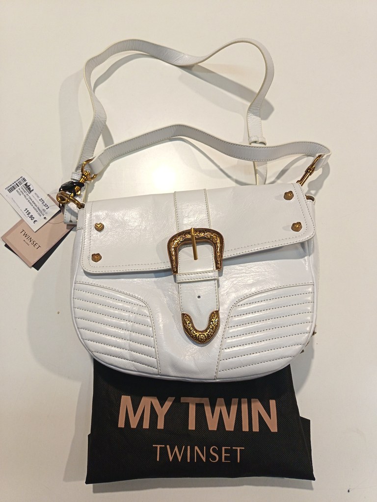 Twin Set Twinset My Twin Borsa Tracolla In Vera Pelle Bianca Nuova Con Sacca