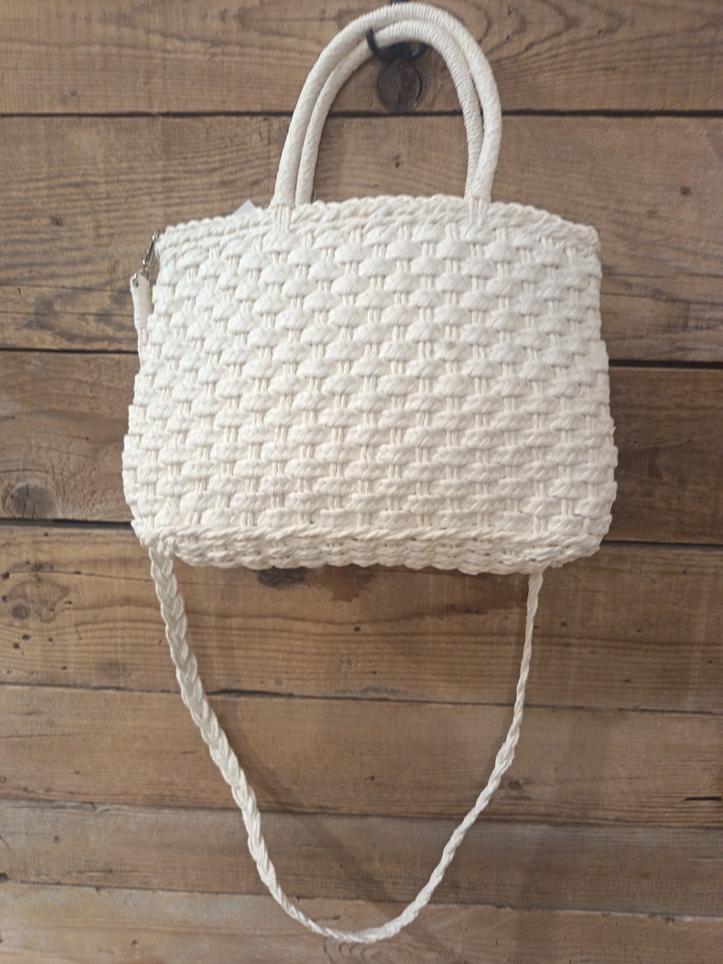 Vintage Artigianale Borsa Intrecciata Bianca In Rattan Con Tracolla